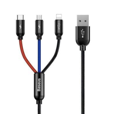 USB-laddkabel med tre kontakter: USB-C, Lightning och micro-USB.