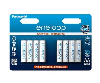 Eneloop AA-batterier, uppladdningsbara i 8-pack.